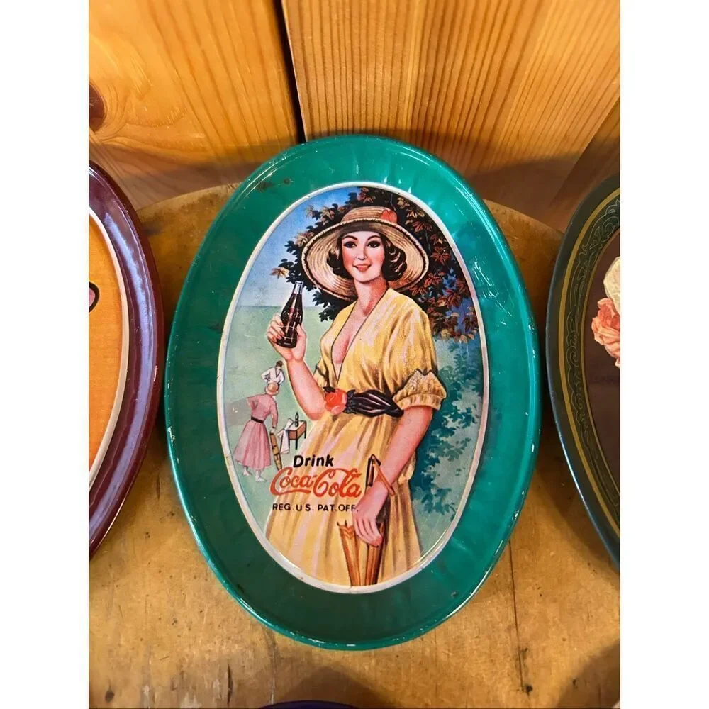 Vintage Victorian Collectible Coca Cola Mini Tin Oval Trays Made in Hong Kong 6